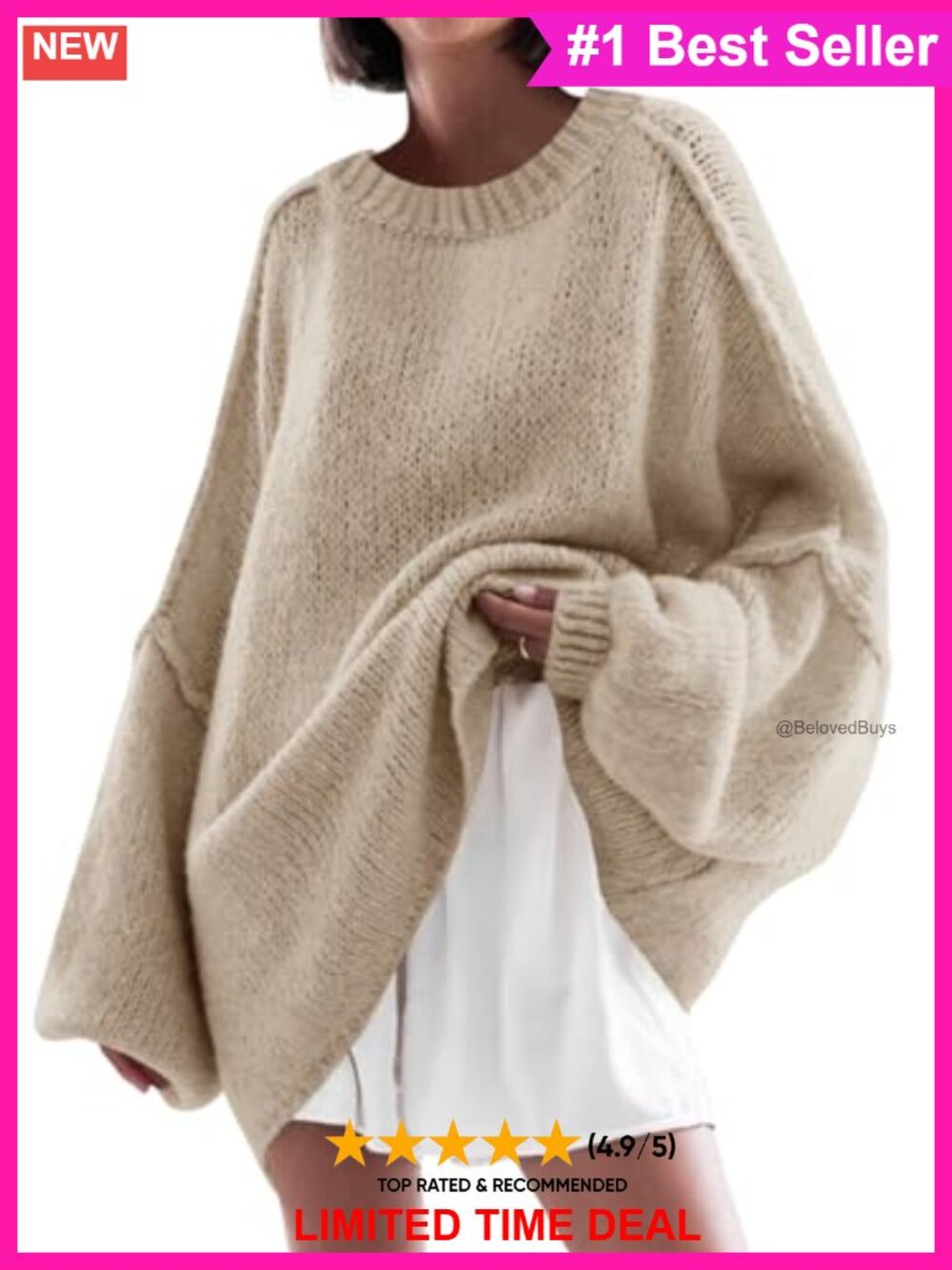 Oversized Chunky Knit Crewneck Tunic Sweater Balloon Sleeve Lantern